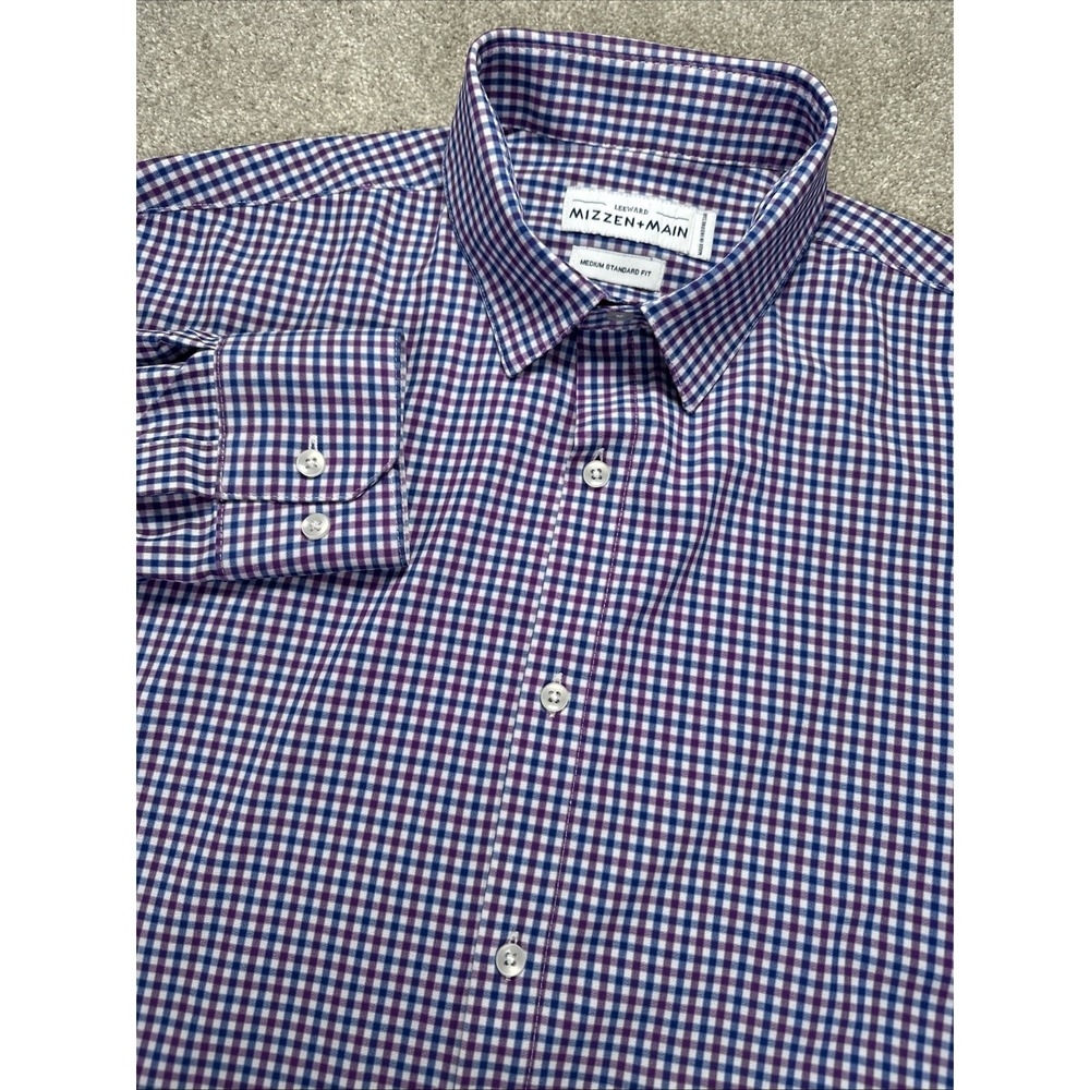 Mizzen Main Shirt Men's Medium Purple Plaid Leeward Trim Fit Button Up Stretch M